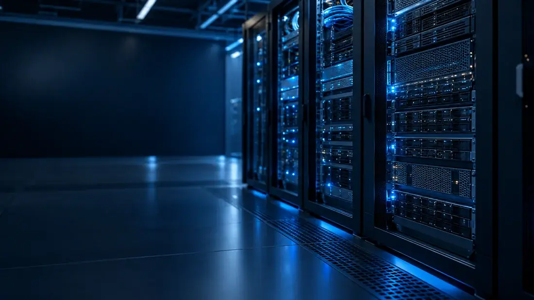 Imagem ilustrativa de rack de servidores com iluminação azul